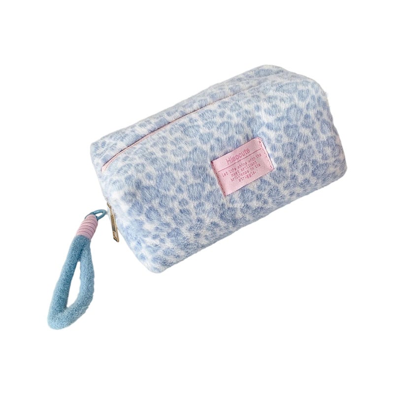 Premium Velvety Leopard Print Makeup Bag Reinforced Zippers Spacious Portable Blue - Image 2