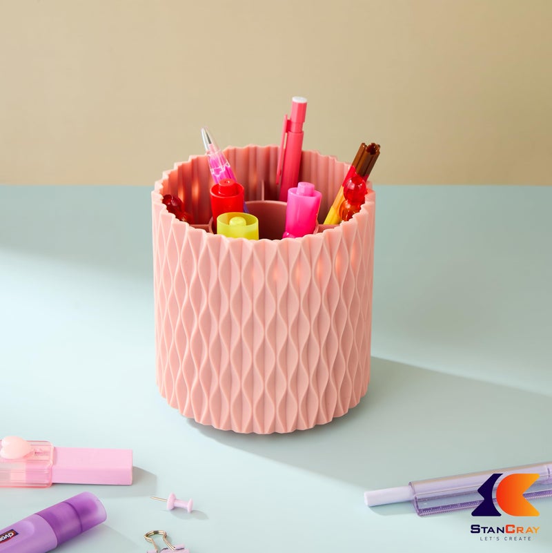 STANCRAY Portable 5 Compartment 360 Degree Rotating Makeup Brush Holder Set Organizer for Travel I Cosmetic Organizer Multifunctional Dressing Table Storage | Plastic (Pink) - Image 4