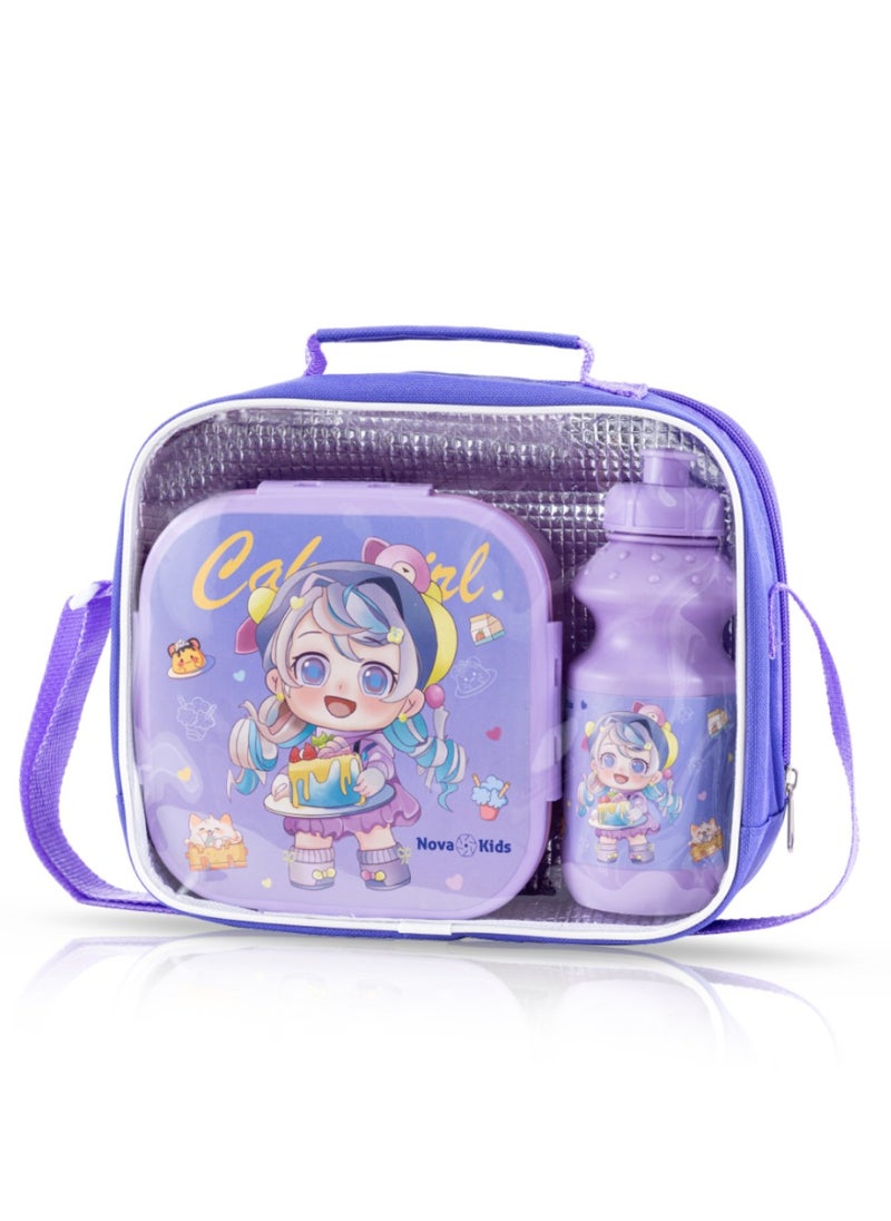 Nova kids Lunch Box And Water Bottle With Lunch Bag - Cute Kids Purple  - Image 1
