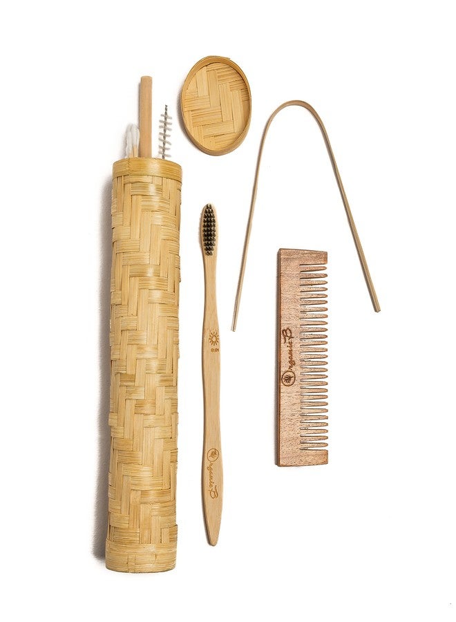 Organic B Bamboo Tribal Travel Kit|1 Bamboo Manual,Adult,Multicolor Toothbrush, Tongue Cleaner,Pocket Neem Comb,Bamboo Straw,Straw Cleaner,4 Cotton Ear Buds Sticks,1 Tribal Travel Kit (10 Pcs) - Image 1