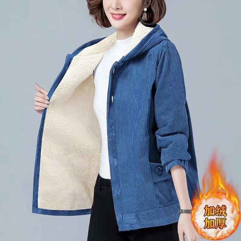 Middle-aged and elderly corduroy coat womens hooded mid-length young mothers autumn and winter new thick cotton-padded jacket top Blue thickened plus velvet