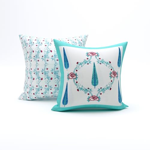 BLOCKS OF INDIA 200TC Diwan Set Cotton 8 Piece | Deewan Printed Bedsheet Sets for Living Room Hall (Set of 8 Piece, 1-Bed Sheet | 2-Bolster Cover | 5-Cushion Cover (Turquoise Patti) - Image 3