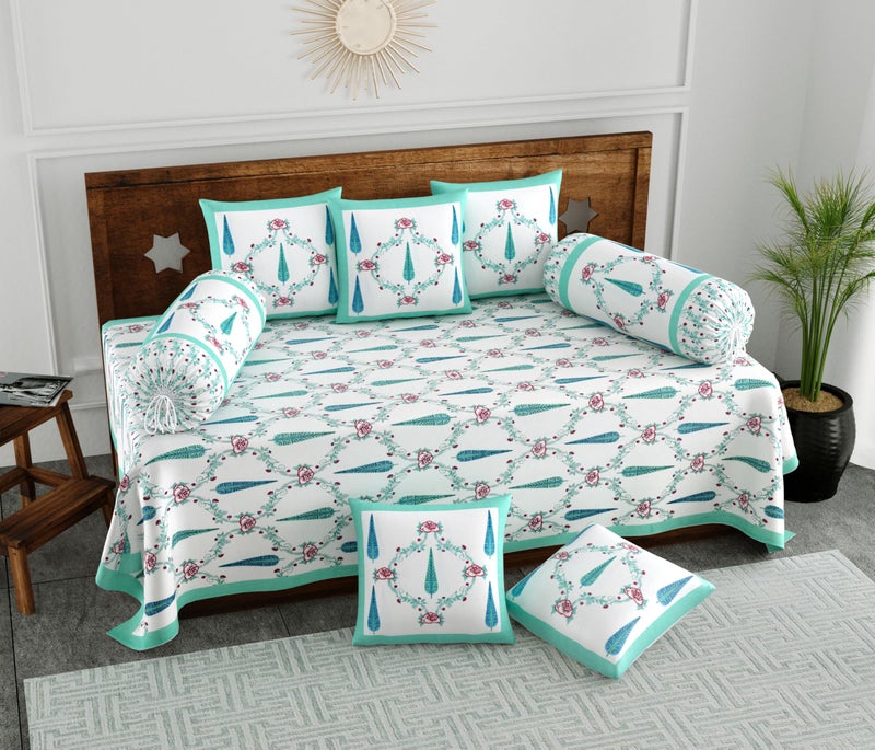 BLOCKS OF INDIA 200TC Diwan Set Cotton 8 Piece | Deewan Printed Bedsheet Sets for Living Room Hall (Set of 8 Piece, 1-Bed Sheet | 2-Bolster Cover | 5-Cushion Cover (Turquoise Patti) - Image 1