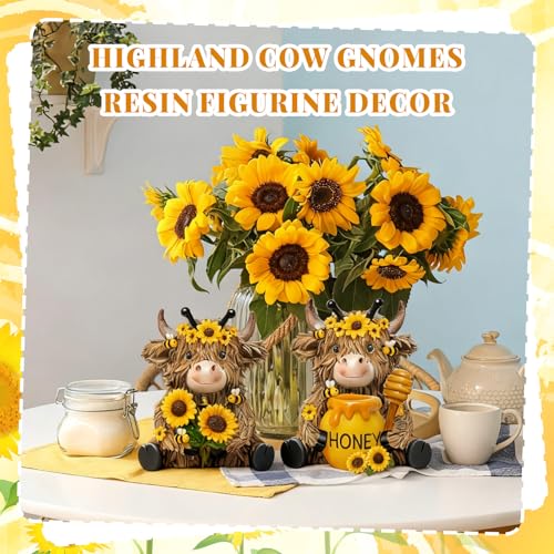 Burbell 2 Pack Bee Highland Cow Resin Figurine Summer Bee Bathroom Highland Cow Gnomes with Sunflower Starfish Resin Statue for Garden Table Shelf Home Decor Calf Gnome Herd Gifts - Image 3