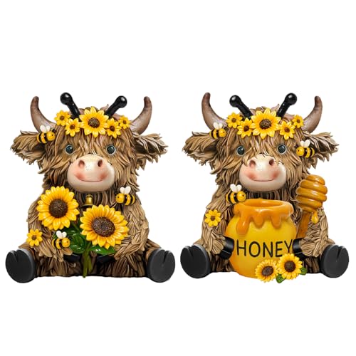 Burbell 2 Pack Bee Highland Cow Resin Figurine Summer Bee Bathroom Highland Cow Gnomes with Sunflower Starfish Resin Statue for Garden Table Shelf Home Decor Calf Gnome Herd Gifts - Image 1