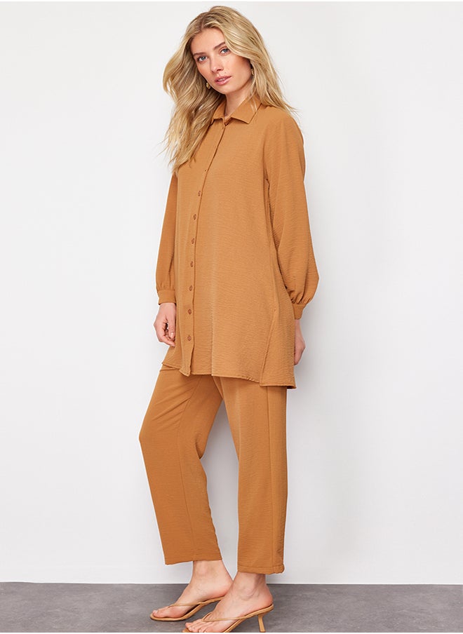 trendyol Dark Beige Sleeve Detailed Shirt-Trousers Woven Suit TCTSS21AU0241  - Image 3