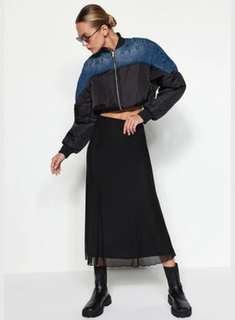 trendyol Black Lined Tulle Maxi Knitted Skirt TWOAW24ET00130