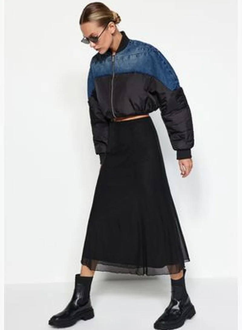 trendyol Black Lined Tulle Maxi Knitted Skirt TWOAW24ET00130