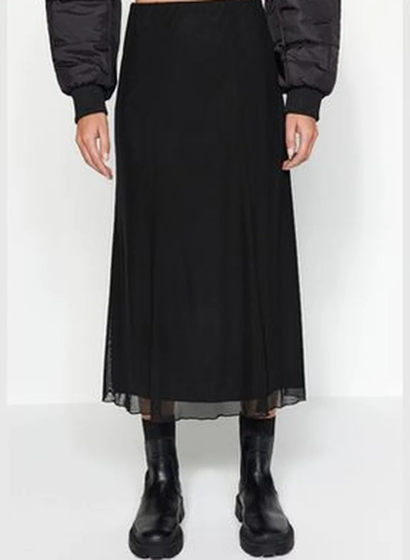 trendyol Black Lined Tulle Maxi Knitted Skirt TWOAW24ET00130