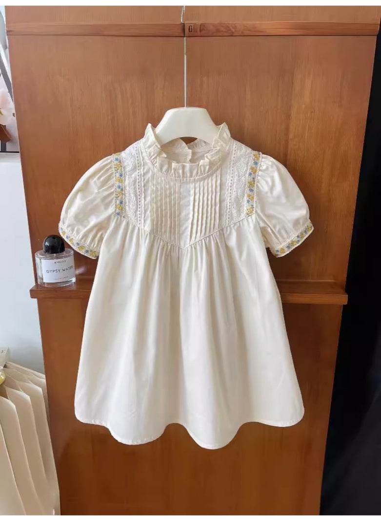 Ayada Home Girls White Embroidered Lace Dress, Ruffle Collar Short Puff Sleeve Casual Dress for Kids - Image 1