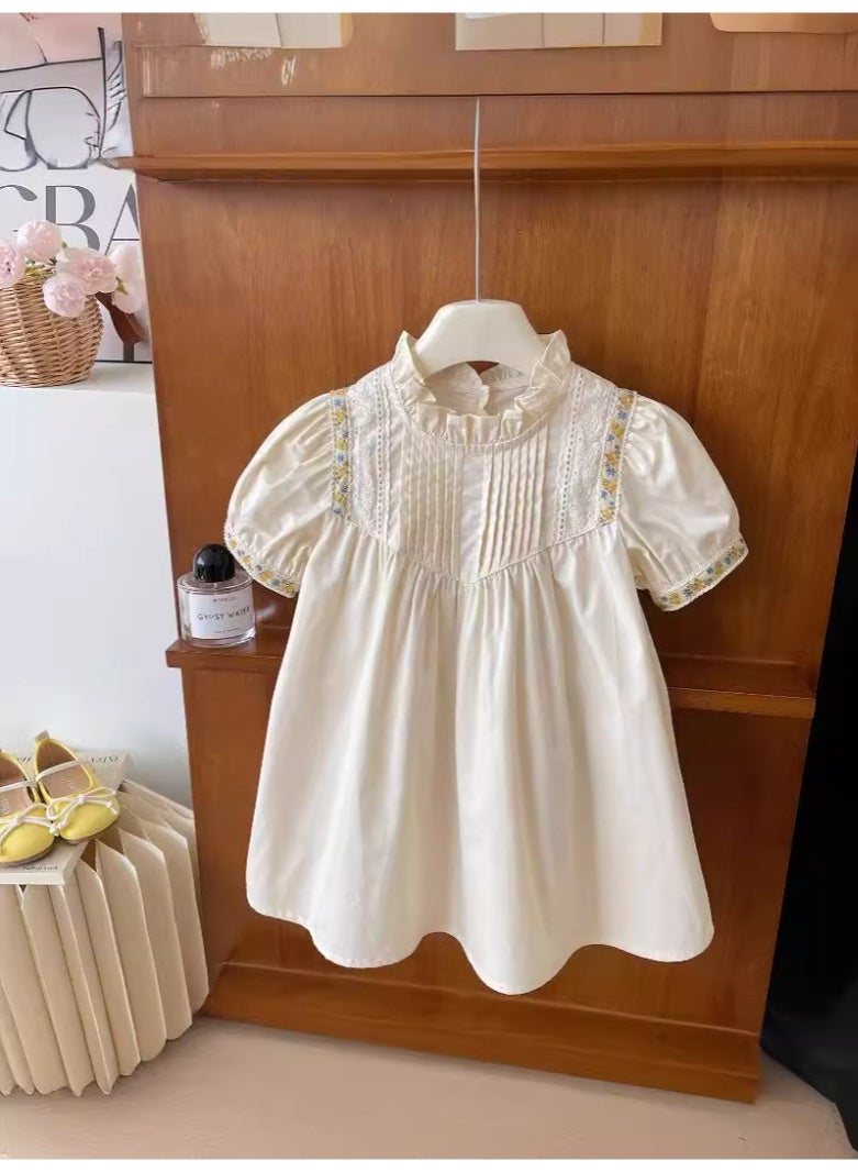 Ayada Home Girls White Embroidered Lace Dress, Ruffle Collar Short Puff Sleeve Casual Dress for Kids - Image 2