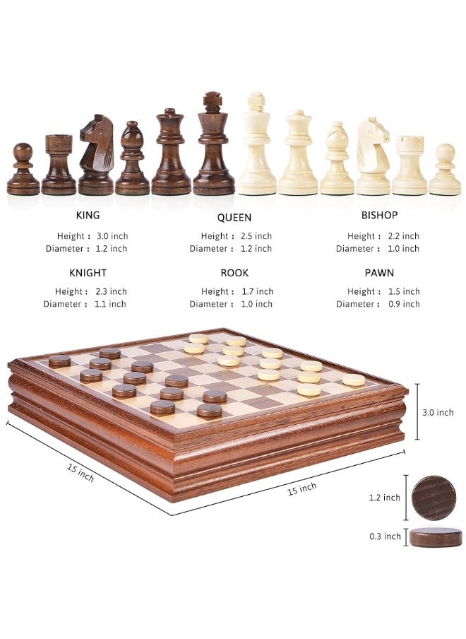 Vamslove Chess and Checkers Board Game Sets for Adults Wooden Deluxe 15 inch Wood Board Box with Storage, Classic 2 in 1 Large Size with Chess Pieces - 3â€ King Height - 2 Extra Queens  - Image 3
