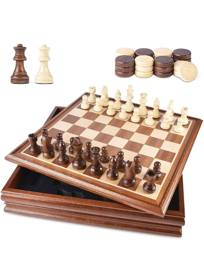 Vamslove Chess and Checkers Board Game Sets for Adults Wooden Deluxe 15 inch Wood Board Box with Storage, Classic 2 in 1 Large Size with Chess Pieces - 3â€ King Height - 2 Extra Queens  - Image 5
