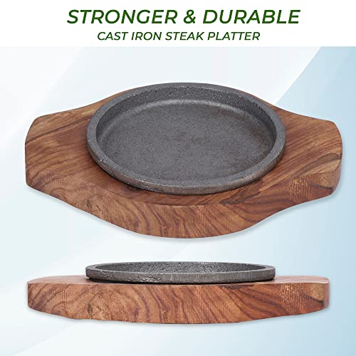 e kysa basics Cast Iron Sizzler Plate with Wooden Base – 5 inch Plate, 8 x 6 inch Base, Heavy-Duty & Reusable (Round Shape) (Set of 4) - Image 5