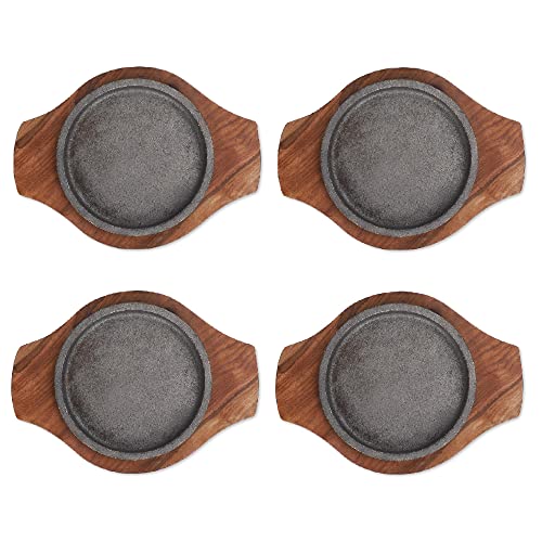 e kysa basics Cast Iron Sizzler Plate with Wooden Base – 5 inch Plate, 8 x 6 inch Base, Heavy-Duty & Reusable (Round Shape) (Set of 4) - Image 1