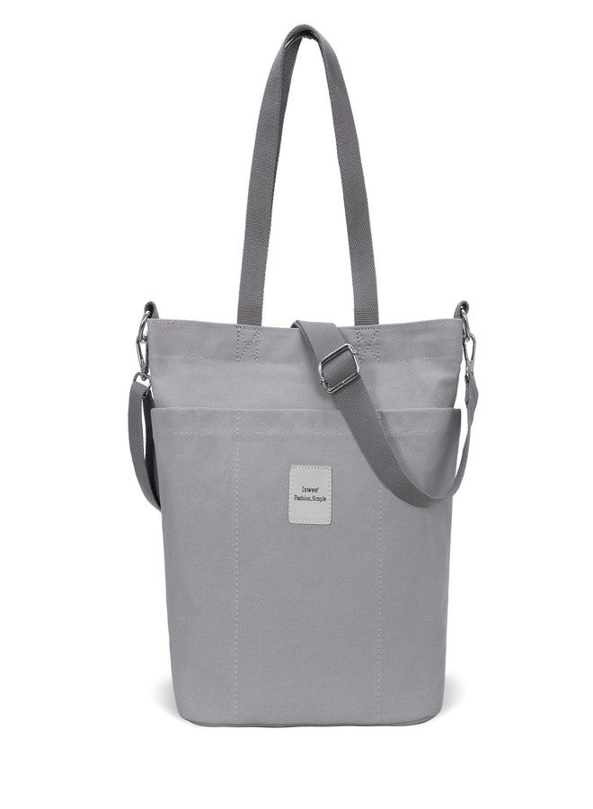 Iswee Canvas Tote Bag with Zipper Multi Pockets Tote Purse for Women Fashion Crossbody Tote Shoulder Bag Handbag Everyday Bag(Grey) - Image 1