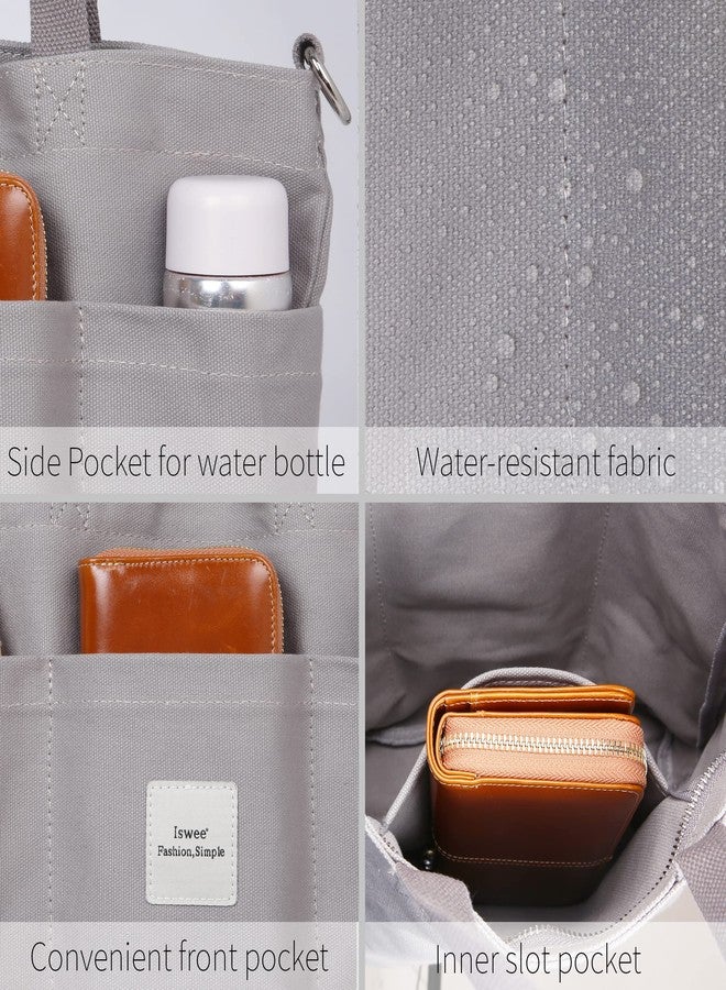 Iswee Canvas Tote Bag with Zipper Multi Pockets Tote Purse for Women Fashion Crossbody Tote Shoulder Bag Handbag Everyday Bag(Grey) - Image 4