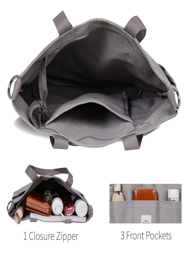 Iswee Canvas Tote Bag with Zipper Multi Pockets Tote Purse for Women Fashion Crossbody Tote Shoulder Bag Handbag Everyday Bag(Grey) - Image 3