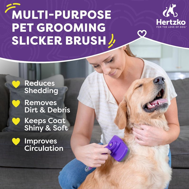 Hertzko Self-Cleaning Slicker Brush - Cat and Dog Brush for Shedding, Tangles and Dirt - Gentle Grooming Tool for Sensitive Skin - Pet Hair Remover for Long and Short Coats - Purple - Image 2