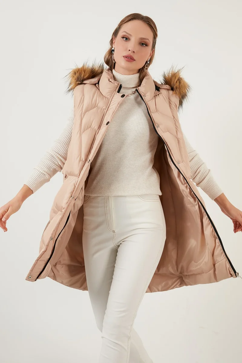 ليلا Collar Faux Fur Removable Hooded Regular Fit Puffer Vest Women's Vest 64789823