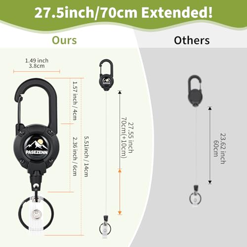 pasezenn Upgraded Retractable Keychain Heavy Duty,10 OZ Retraction,28in/70cm Stainless Steel Cord,Retractable Badge Holder,Carabiner Clip and Key Ring for Work,Outdoor, Black 1 Pack - Image 2