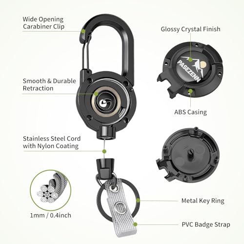 pasezenn Upgraded Retractable Keychain Heavy Duty,10 OZ Retraction,28in/70cm Stainless Steel Cord,Retractable Badge Holder,Carabiner Clip and Key Ring for Work,Outdoor, Black 1 Pack - Image 4