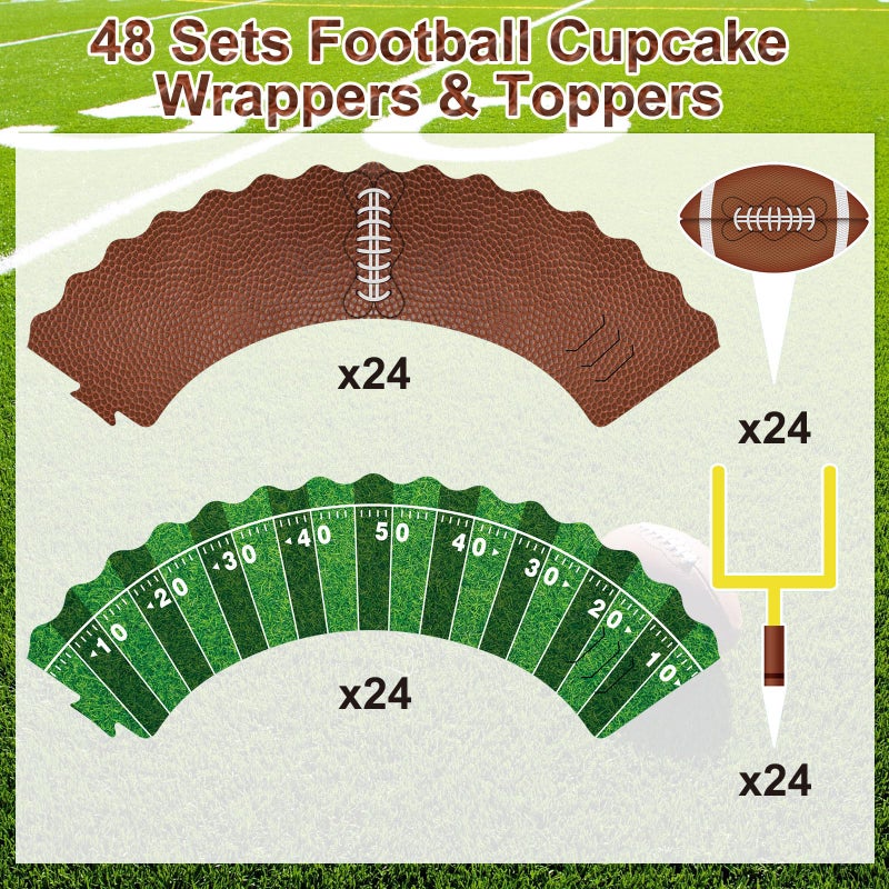 Nuenen 96 Pcs Football Cupcake Toppers and Wrappers Set Football Theme Cupcakes Decorations Sports Game Day Themed Cake Holders and Picks for Birthday Sport Party Decorations Supplies (Classic) - Image 3