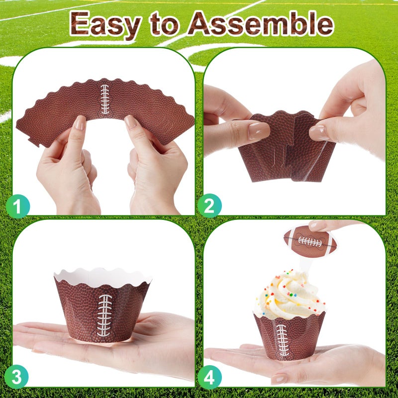 Nuenen 96 Pcs Football Cupcake Toppers and Wrappers Set Football Theme Cupcakes Decorations Sports Game Day Themed Cake Holders and Picks for Birthday Sport Party Decorations Supplies (Classic) - Image 4