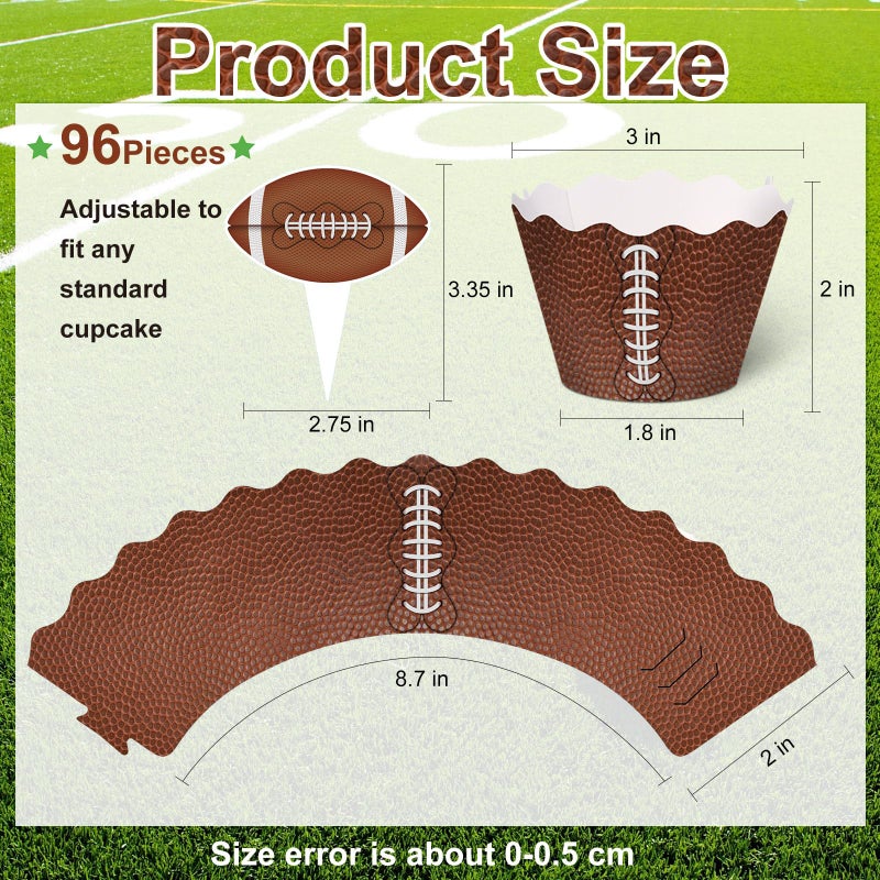 Nuenen 96 Pcs Football Cupcake Toppers and Wrappers Set Football Theme Cupcakes Decorations Sports Game Day Themed Cake Holders and Picks for Birthday Sport Party Decorations Supplies (Classic) - Image 2