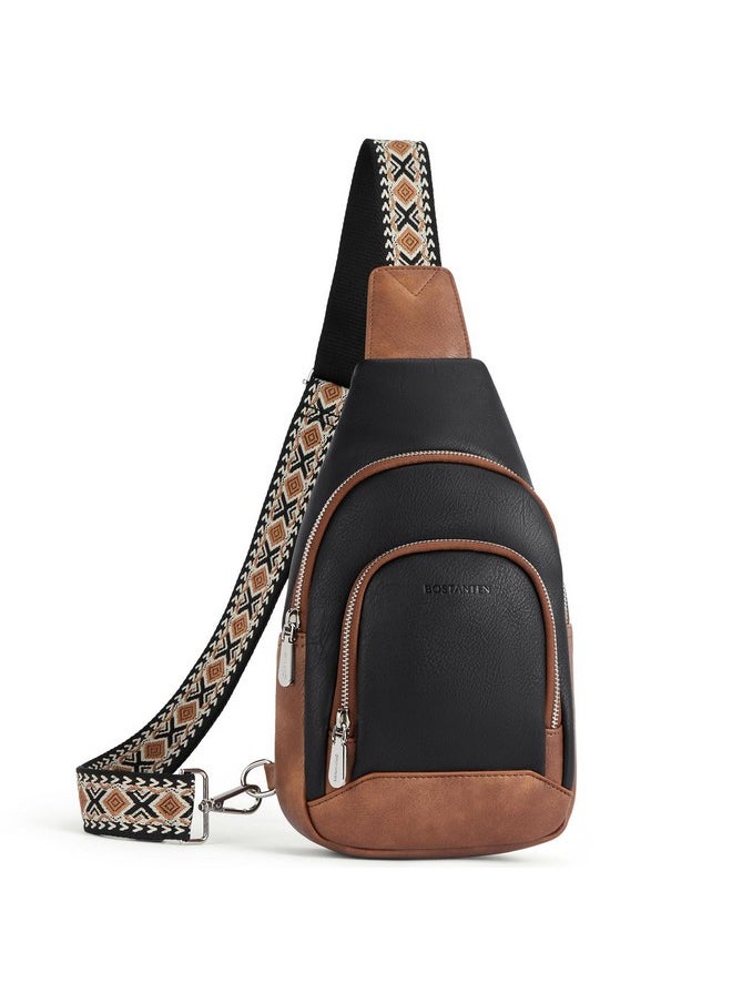 Bostanten BOSTANTEN Sling Bag for Women Crossbody Purse Cross body Bag Leather Chest Bag with Removable Guitar Strap, Black and Brown  - Image 1