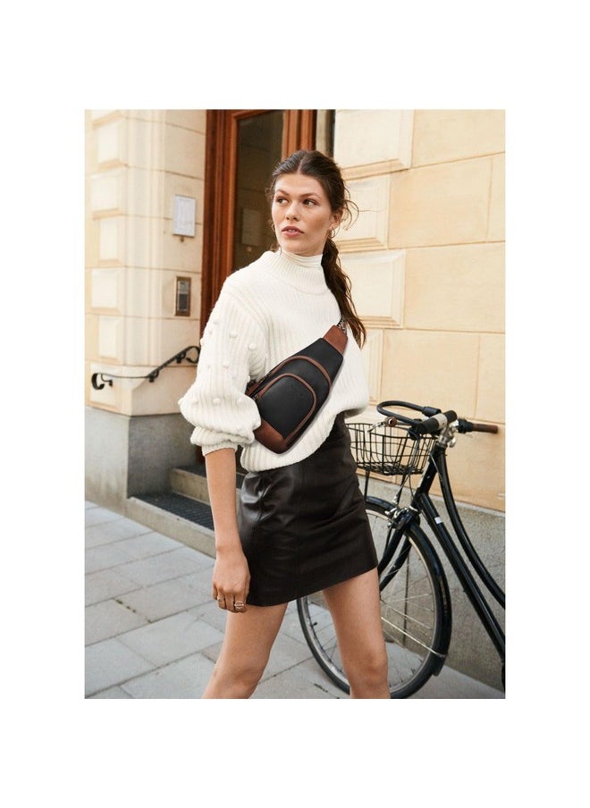 Bostanten BOSTANTEN Sling Bag for Women Crossbody Purse Cross body Bag Leather Chest Bag with Removable Guitar Strap, Black and Brown  - Image 2