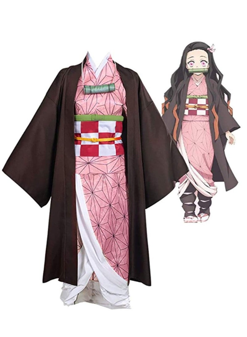Halamodo Demon Slayer Nezuko Kamado Cosplay Costume Set ,Anime Role-Play Outfit, Full Accessories Including Outer Kimono, Inner Robe, Leg Wraps, Small Bamboo Muzzle, Obi Belt, And Waist Rope, Suitable For Birthday Parties, Stage Performances, Theme Celebrations, Talent Shows And Various Occasions ,For Adults - Image 2
