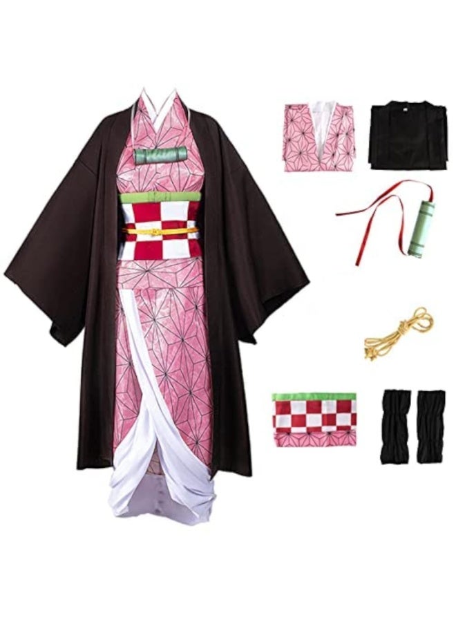 Demon Slayer Nezuko Kamado Cosplay Costume Set ,Anime Role-Play Outfit, Full Accessories Including Outer Kimono, Inner Robe, Leg Wraps, Small Bamboo Muzzle, Obi Belt, And Waist Rope, Suitable For Birthday Parties, Stage Performances, Theme Celebrations, Talent Shows And Various Occasions ,For Adults