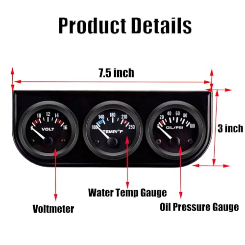 BLLYOGU 52mm 3-in-1 Car Gauge Kit - Voltage Meter, Water Temperature, and Oil Pressure Gauges - Auto Dashboard Triple Gauge Set for 12V Cars(Black) - Image 2