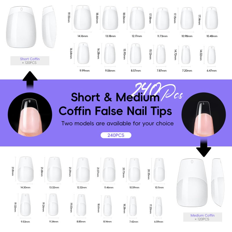 PEACECOLOR Gel Nail Kit, 240Pcs Short Medium Coffin Nail Tips with U V Lamp 2 Colors Jelly Gel Polish Top Coat Glue Nail Art Extension Set Gifts for Women DIY Home Salon - Image 2