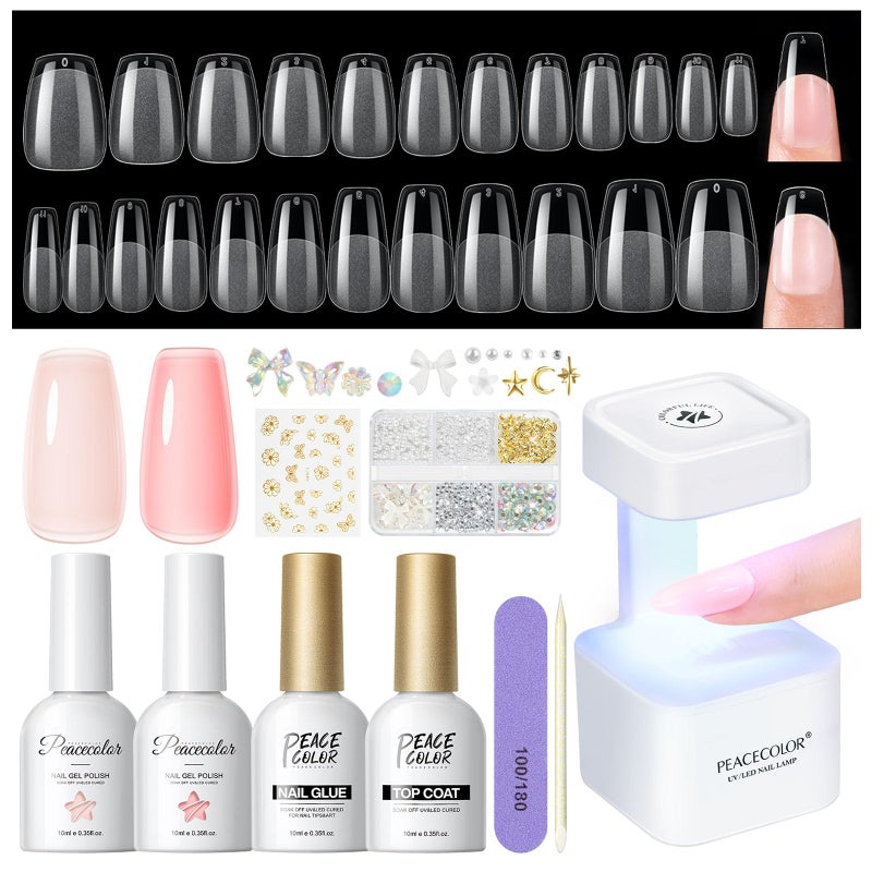 PEACECOLOR Gel Nail Kit, 240Pcs Short Medium Coffin Nail Tips with U V Lamp 2 Colors Jelly Gel Polish Top Coat Glue Nail Art Extension Set Gifts for Women DIY Home Salon - Image 1