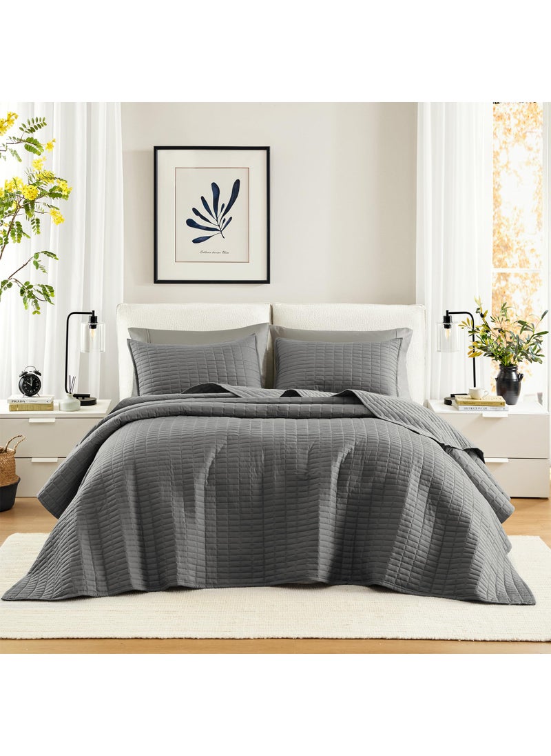 Comfort Spaces Comfort Spaces King QuiltAll Season Bedding Charcoal Bedspread with Double Sided Stitching Design Soft Summer Blanket Matching Shams Coverlet Kienna Collection 120x118 3 Piece 