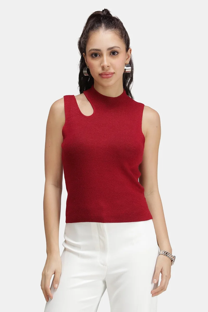 Virgio Solid Viscose Asymmetric Cut-Out Flat Knit Tank for Women