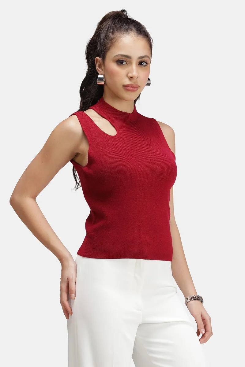 فيرجيو Solid Viscose Asymmetric Cut-Out Flat Knit Tank for Women