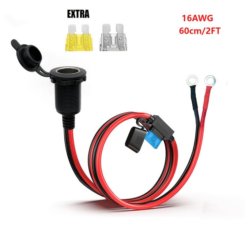 كابل تمديد شاحن سيارة ثقيل 16AWG مع فيوز 15A 20A 25A، أسلاك عالية التيار للشاحنات والسيارات الرياضية متعددة الاستخدامات والقوارب والمركبات الترفيهية، متوافق مع مصادر طاقة 12V 24V DC، متوفر بأطوال 2 قدم و5 أقدام و10 أقدام و15 قدماً وقدم واحدة، أطراف مثقبة بلمسة نهائية غير لامعة متينة للاستخدام المهني في السيارات أو الأعمال اليدوية، ملحقات شحن المركبات، تصميم كابل قوي. - Image 3