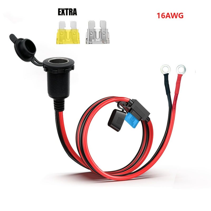 كابل تمديد شاحن سيارة ثقيل 16AWG مع فيوز 15A 20A 25A، أسلاك عالية التيار للشاحنات والسيارات الرياضية متعددة الاستخدامات والقوارب والمركبات الترفيهية، متوافق مع مصادر طاقة 12V 24V DC، متوفر بأطوال 2 قدم و5 أقدام و10 أقدام و15 قدماً وقدم واحدة، أطراف مثقبة بلمسة نهائية غير لامعة متينة للاستخدام المهني في السيارات أو الأعمال اليدوية، ملحقات شحن المركبات، تصميم كابل قوي. - Image 1
