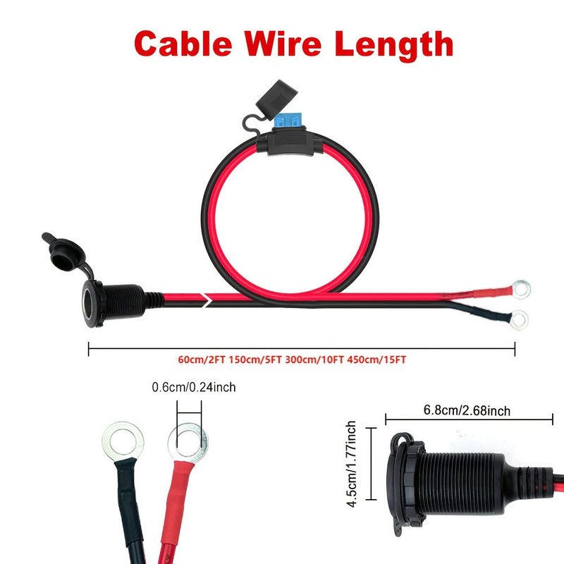 كابل تمديد شاحن سيارة ثقيل 16AWG مع فيوز 15A 20A 25A، أسلاك عالية التيار للشاحنات والسيارات الرياضية متعددة الاستخدامات والقوارب والمركبات الترفيهية، متوافق مع مصادر طاقة 12V 24V DC، متوفر بأطوال 2 قدم و5 أقدام و10 أقدام و15 قدماً وقدم واحدة، أطراف مثقبة بلمسة نهائية غير لامعة متينة للاستخدام المهني في السيارات أو الأعمال اليدوية، ملحقات شحن المركبات، تصميم كابل قوي. - Image 2