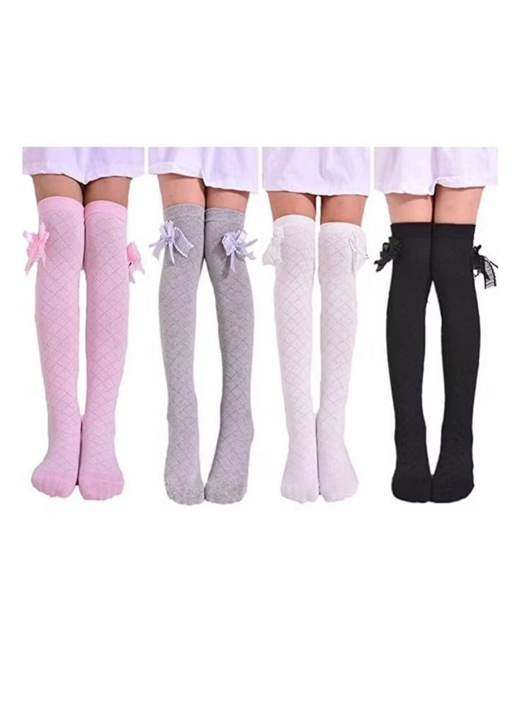 Girls Stockings, 4 Pairs Little Girl's Knee High Socks Over Calf Kids Overknee Stockings Bow Style, Middle Tall Socks Bow Mesh Diamond Check Heelless Straight Children's Socks (for 2-10 Years)  - Image 1
