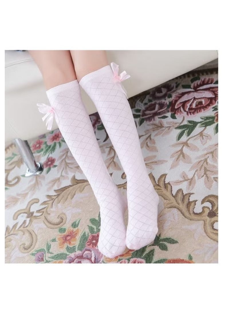 Girls Stockings, 4 Pairs Little Girl's Knee High Socks Over Calf Kids Overknee Stockings Bow Style, Middle Tall Socks Bow Mesh Diamond Check Heelless Straight Children's Socks (for 2-10 Years)  - Image 5