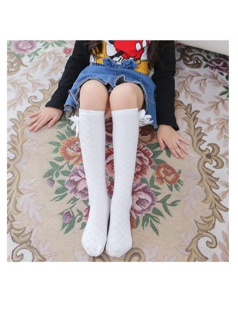 Girls Stockings, 4 Pairs Little Girl's Knee High Socks Over Calf Kids Overknee Stockings Bow Style, Middle Tall Socks Bow Mesh Diamond Check Heelless Straight Children's Socks (for 2-10 Years)  - Image 2