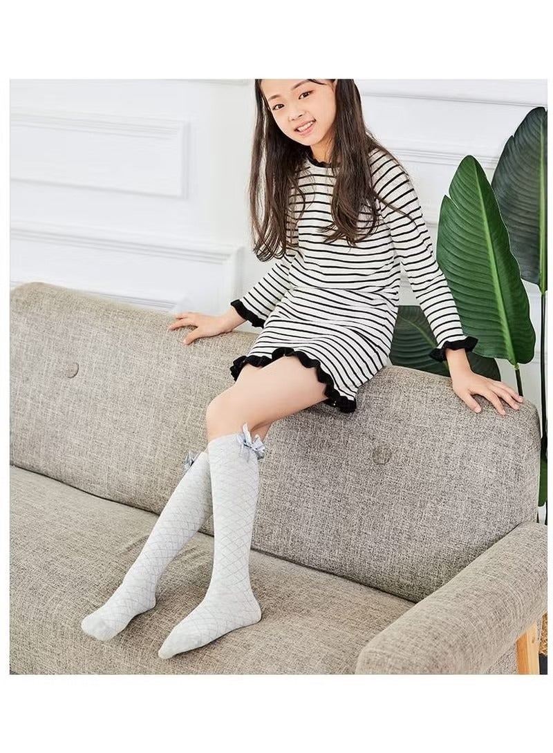 Girls Stockings, 4 Pairs Little Girl's Knee High Socks Over Calf Kids Overknee Stockings Bow Style, Middle Tall Socks Bow Mesh Diamond Check Heelless Straight Children's Socks (for 2-10 Years)  - Image 4