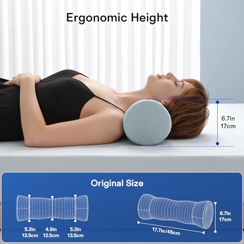Ruizman Neck Roll Pillow - Memory Foam Round Neck Pillow for Sleeping - Cooling Cover Cervical Roll Pillow - Ergonomic Bolster Pillow for Neck, Leg, Back, Yoga, Relaxing (Grey Blue) - Image 2