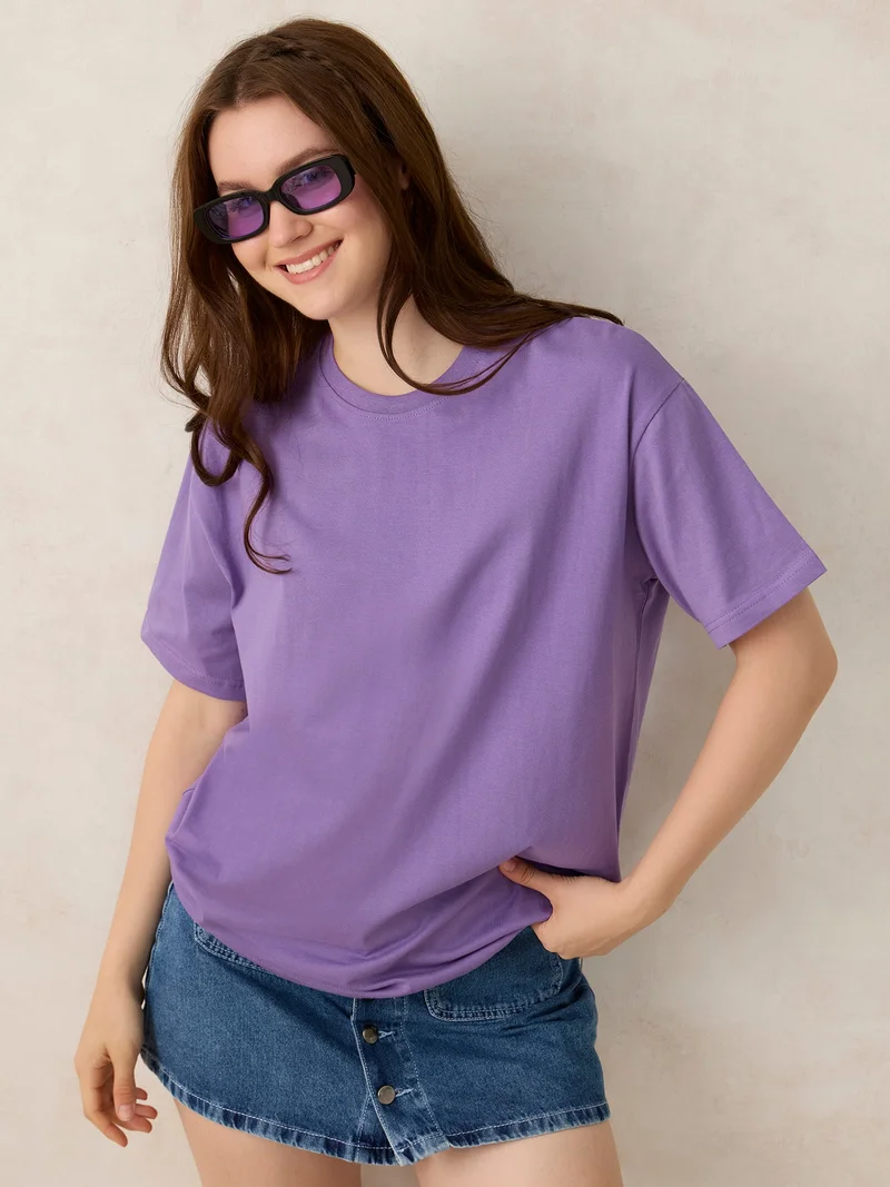 OUTZIDR Purple Crew Neck Solid Oversized T-Shirt