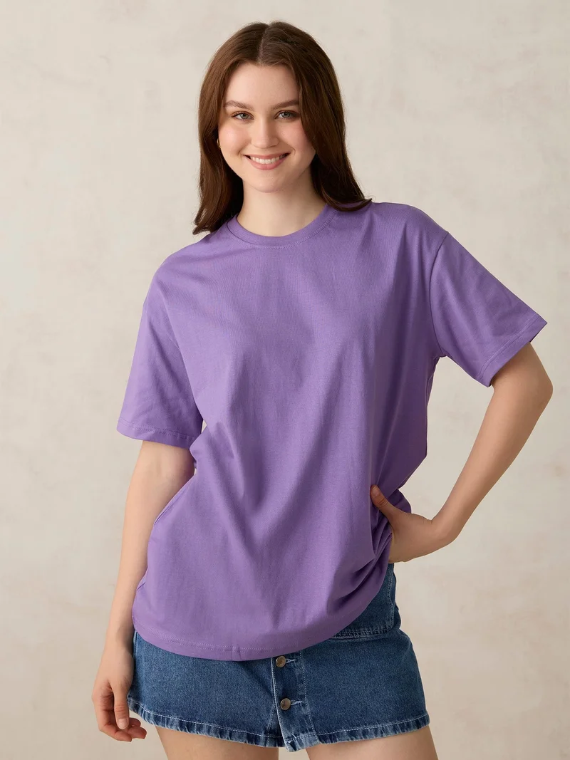 Outzidr purple Purple Crew Neck Solid Oversized T-Shirt for Women | Best Price UAE