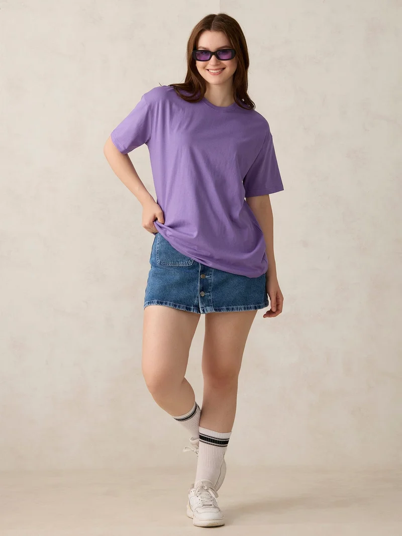 Outzidr purple Purple Crew Neck Solid Oversized T-Shirt for Women | Best Price UAE